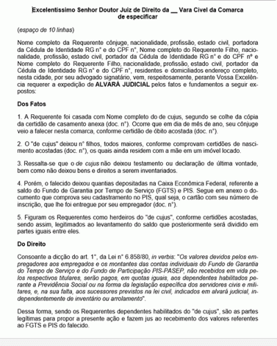 Modelo de Petição Alvará Judicial - FGTS PIS por Cônjuge e Filhos Maiores