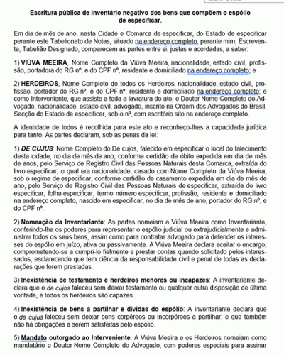 Modelo de Petição Escritura Pública de Inventário Negativo