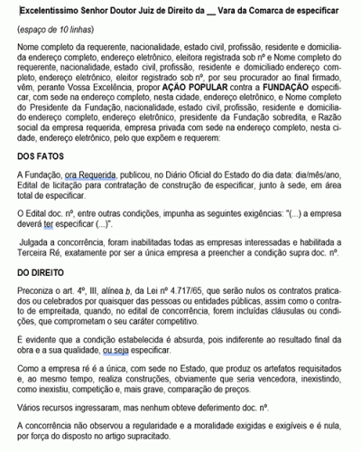 Modelo de Petição Ação Popular - Empreitada sem Normal Competição - Novo CPC Lei nº 13.105.2015