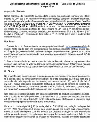 Modelo de Petição Despejo com Pedido Liminar c.c Cobrança de Aluguéis - Imóvel Residencial