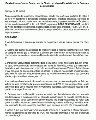 Modelo de Petição Cobrança de IPVA pelo Atual Proprietário do Veículo