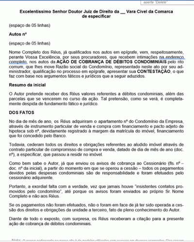 Modelo de Petição Contestação de Ação de Cobrança de Débitos Condominiais