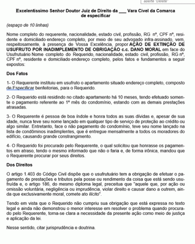 Modelo de Petição Extinção de Usufruto por Inadimplemento de Obrigação por Parte do Usufrutuário c.c Danos Morais