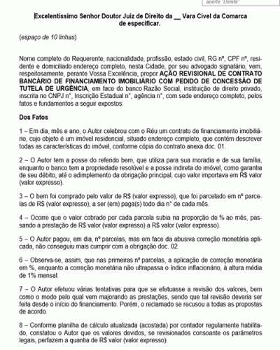 Modelo de Petição Revisional de Contrato Bancário de Financiamento Imobiliário com Pedido de Tutela de Urgência - Novo CPC Lei nº 13.105.15