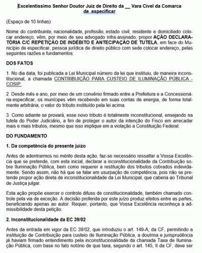 Modelo de Petição Declaratória c.c Repetição de Indébito - Contribuição para Custeio de Iluminação Pública