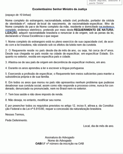 Modelo de Petição Requerimento de Naturalização - Novo CPC Lei nº 13.105.2015