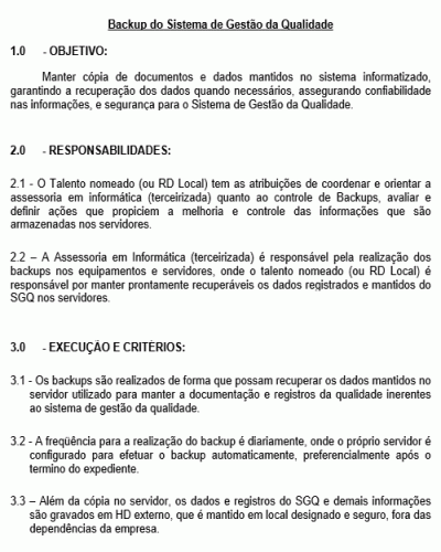 Modelo de Instrução de Trabalho - Processo da Qualidade - Backup do Sistema de Gestão da Qualidade