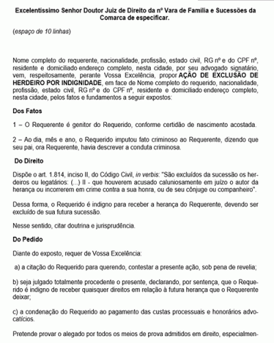 Modelo de Petição Exclusão de Herdeiro por Indignidade - Calúnia