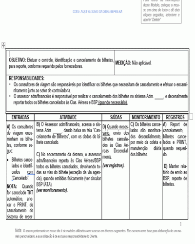 Modelo de Instrução de Trabalho - Processo da Qualidade - Cancelamento de passagens - Bilhetes