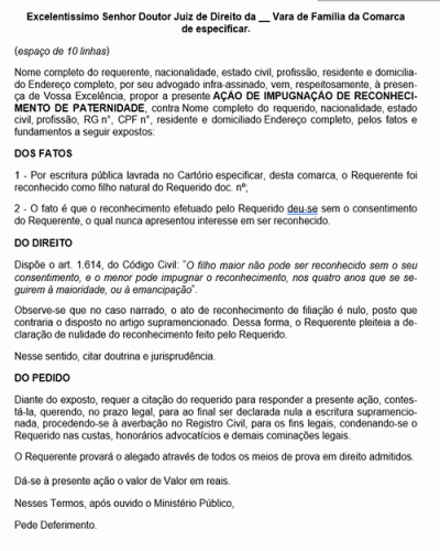 Modelo de Petição Impugnação de Reconhecimento de Paternidade pelo Filho Maior II