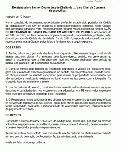 Modelo de Petição Reparação de Dano Causado em Acidente de Veículo - Novo CPC Lei n° 13.105.15