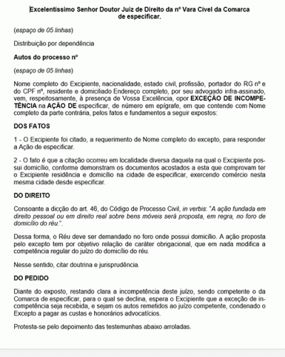 Modelo de Petição Exceção de Incompetência - Processo Civil - Novo CPC Lei n° 13.105.15