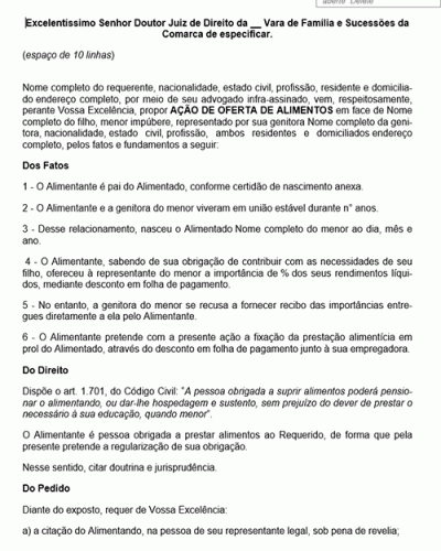 Modelo de Petição Oferta de Alimentos - Desconto em Folha de Pagamento