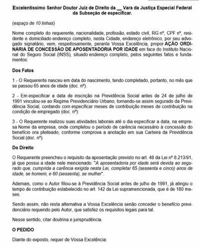 Modelo de Petição Aposentadoria por Idade para Trabalhador Urbano - Novo CPC Lei nº 13.105.2015