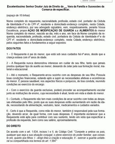 Modelo de Petição Guarda de Menor c.c Alimentos - Novo CPC Lei nº 13.105.2015