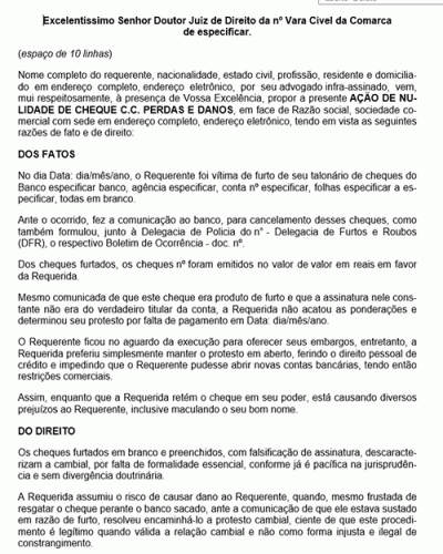 Modelo de Petição Nulidade de Cheque c.c Perdas e Danos - Novo CPC Lei nº 13.105.2015