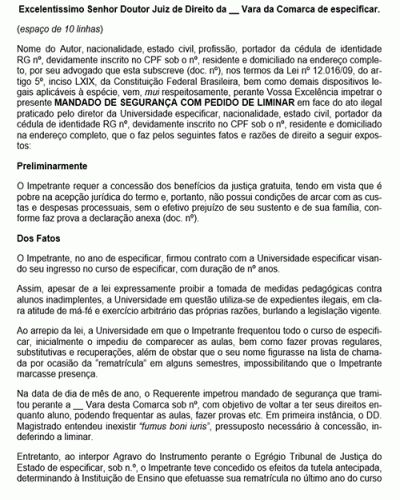 Modelo de Petição Mandado de Segurança contra Ato de Diretor de Universidade - Novo CPC Lei nº 13.105.2015