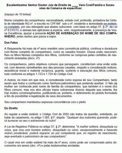 Modelo de Petição Averbação de Patronímico de Companheiro - Novo CPC Lei nº 13.105.2015