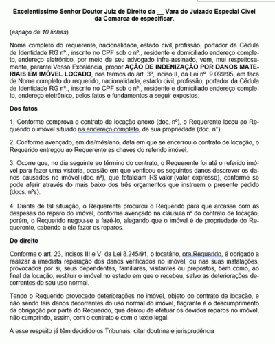 Modelo de Petição Indenização por Danos Materiais em Imóvel Locado - Novo CPC Lei nº 13.105.2015