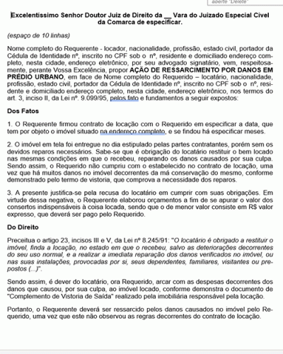 Modelo de Petição Locação - Ação de Ressarcimento por Danos Causados no Imóvel - Novo CPC Lei nº 13.105.2015