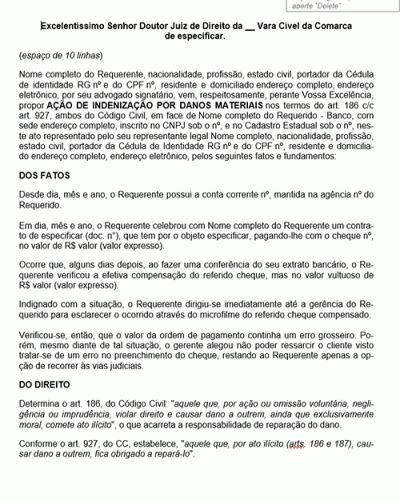 Modelo de Petição Danos Materiais - Desconto de Cheque com Erro Grosseiro - Novo CPC Lei nº 13.105.2015