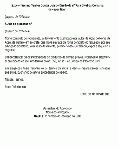 Modelo de Petição Alegações Finais - Julgamento Antecipado da Lide - Novo CPC Lei nº 13.105.2015