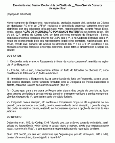 Modelo de Petição Indenização - Desconto de Cheque Sustado - Novo CPC Lei nº 13.105.2015