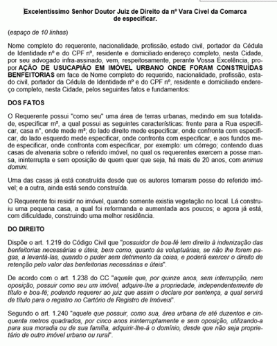 Modelo de Petição Usucapião em Imóvel Urbano onde foram Construídas Benfeitorias - Novo CPC Lei nº 13.105.15