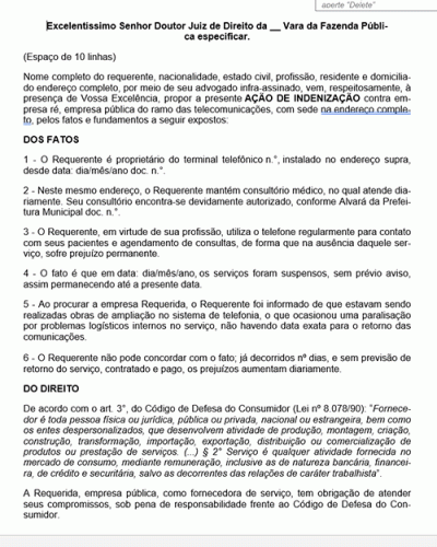 Modelo de Petição Indenização contra Empresa Pública - Paralisação do Serviço de Telecomunicações