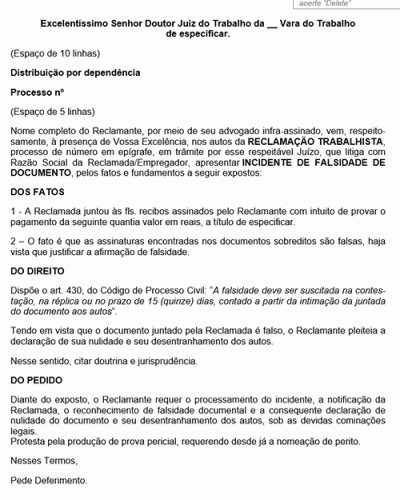 Modelo de Petição Incidente Processual - Falsidade de Documento - Novo CPC Lei nº 13.105.15