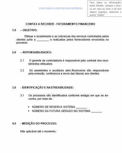 Modelo de Instrução de Trabalho - Processo da Qualidade - Contas a Receber - Faturamento Financeiro