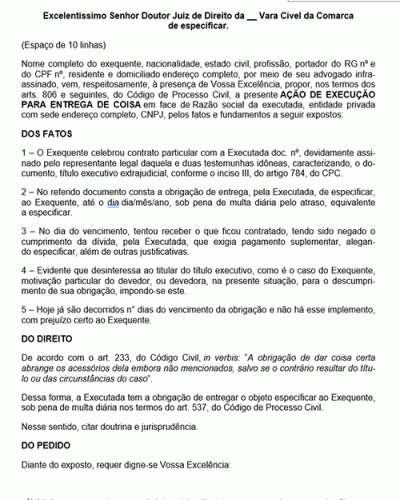 Modelo de Petição Execução de Documento Particular - Entrega de Coisa Certa - Novo CPC Lei nº 13.105.15