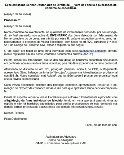 Modelo de Petição Liquidação de Firma Individual do Falecido - Novo CPC Lei nº 13.105.2015