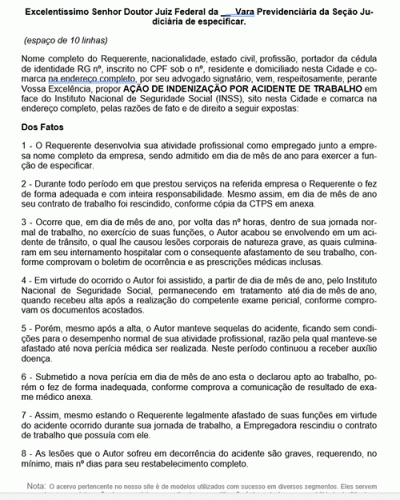 Modelo de Petição Acidente de Trabalho - Indenização - Novo CPC Lei nº 13.105.2015