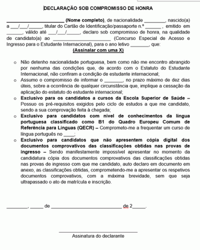 Modelo de Declaração sob Compromisso de Honra