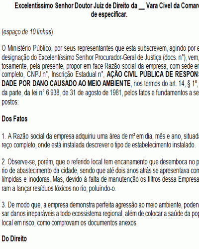 Modelo de Petição Ação Civil Pública - Responsabilidade - Meio Ambiente - Poluição - Novo CPC Lei nº 13.105.2015