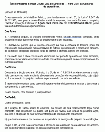 Modelo de Petição Ação Civil Pública - Responsabilidade - Meio Ambiente - Construção Irregular - Novo CPC Lei nº 13.105.2015