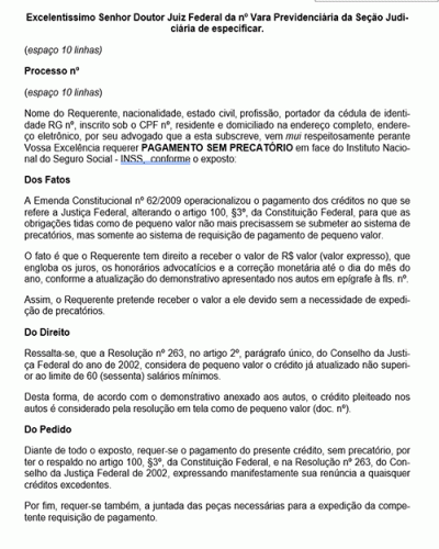 Modelo de Petição Requisição de Pagamento sem Precatório - Novo CPC Lei nº 13.105.2015