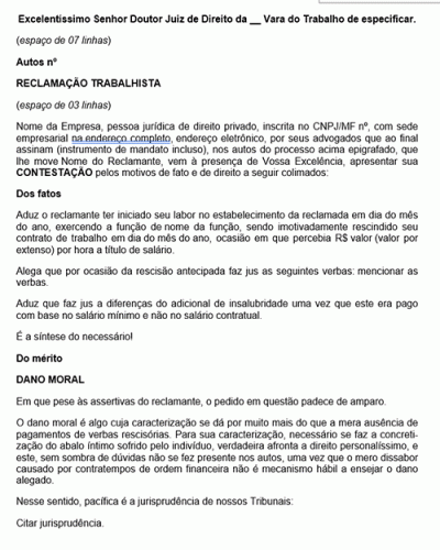 Modelo de Petição Contestação - Dano Moral pelo Atraso no Pagamento das Verbas Trabalhistas - Novo CPC Lei nº 13.105.2015