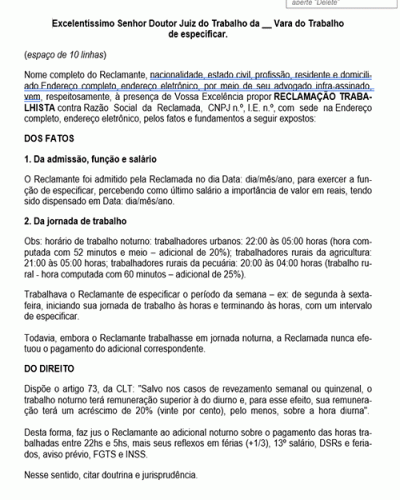 Modelo de Petição Pagamento de Adicional Noturno - Novo CPC Lei nº 13.105.2015