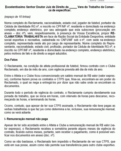 Modelo de Petição Reclamatória Trabalhista Interposta por Atleta Profissional de Futebol - Novo CPC Lei nº 13.105.2015