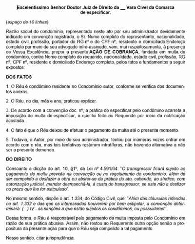 Modelo de Petição Cobrança de Multa Condominial - Novo CPC Lei nº 13.105.15