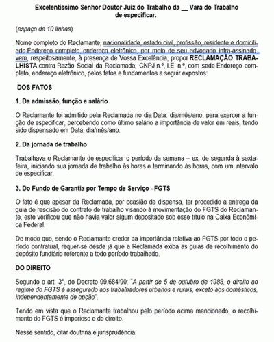 Modelo de Petição Pedido de FGTS nunca Depositado - Novo CPC Lei nº 13.105.2015