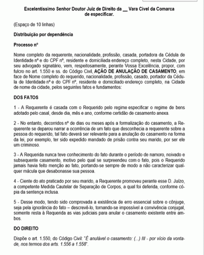 Modelo de Petição Anulação de Casamento I - Novo CPC Lei n° 13.105.15