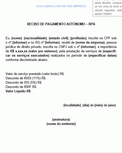 Modelo de Recibo Pagamento Autônomo - RPA - Valor Bruto e Descontos de INSS, ISS, IRRF e Valor Líquido