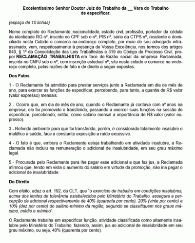 Modelo de Petição Reclamação Trabalhista - Adicional de Insalubridade - Novo CPC Lei n° 13.105.15