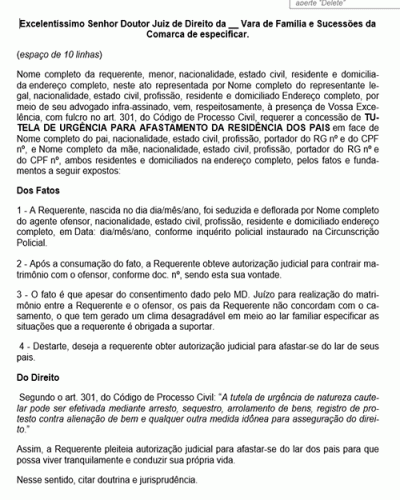 Modelo de Petição Afastamento de Menor da Residência dos Pais - Novo CPC Lei n° 13.105.15