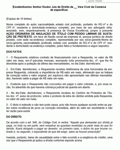 Modelo de Petição Anulação de Título com Pedido Liminar de Sustação de Protesto