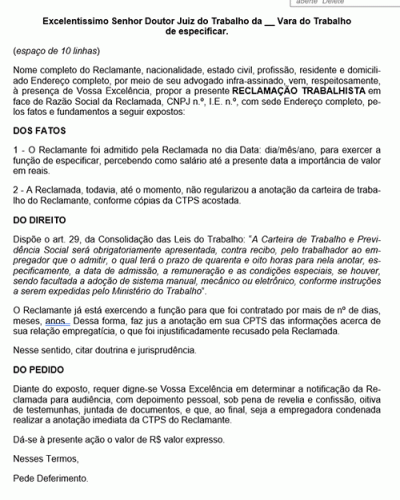 Modelo de Petição Reclamação Trabalhista - Anotação da Carteira de Trabalho