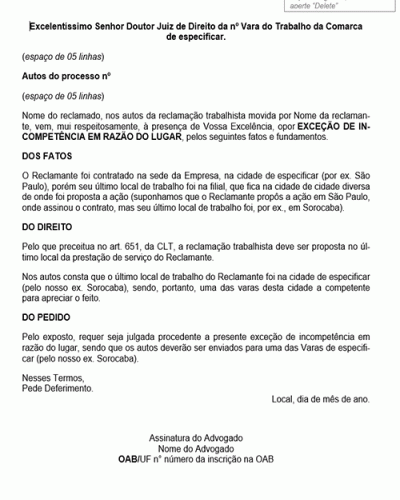 Modelo de Petição Exceção de Incompetência em Razão do Lugar - Processo Trabalho